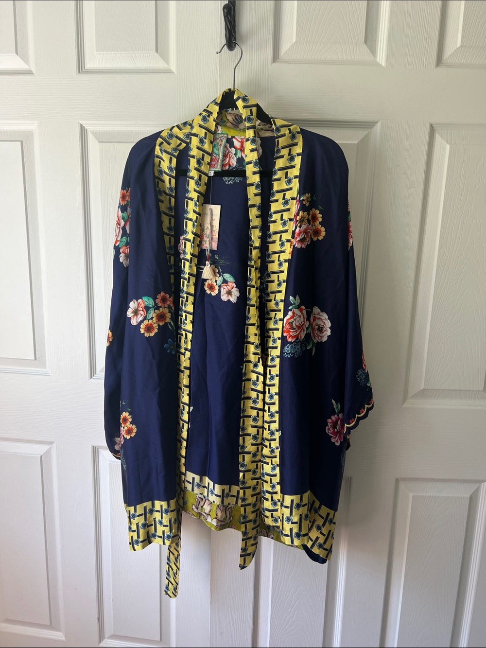 Johnny Was Navy Floral Kimono with Yellow Trim